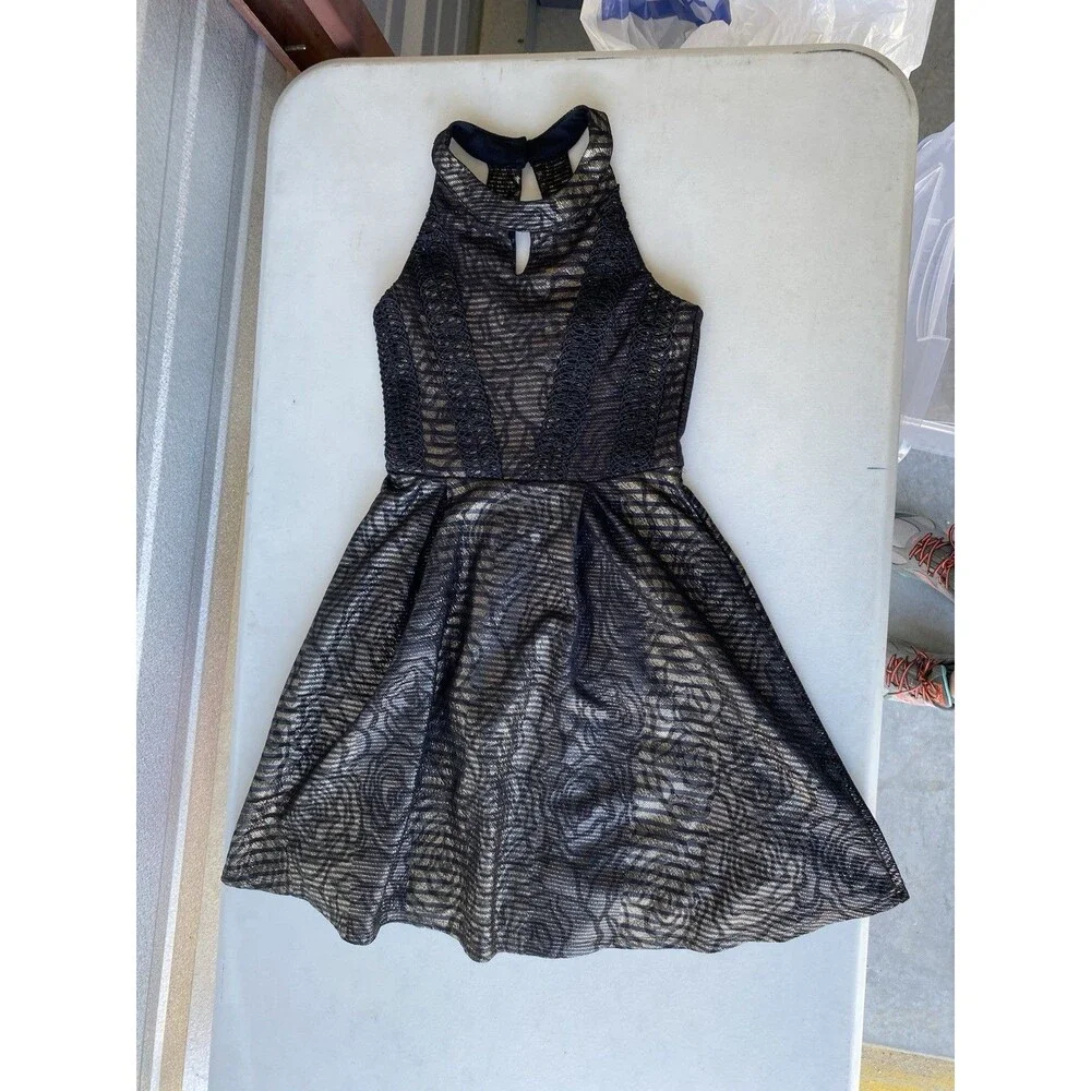 GB Girls Black Gold Metallic Rose Floral Halter Fit Flare Party Dress Medium